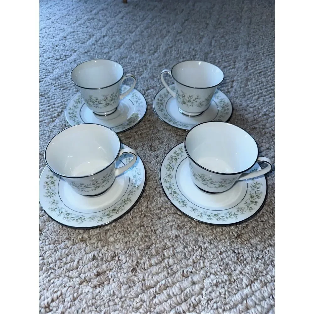 4 Sets Noritake SAVANNAH 2031 Tea Cups & Saucers‎ 8-pcs Floral Platinum Rim
